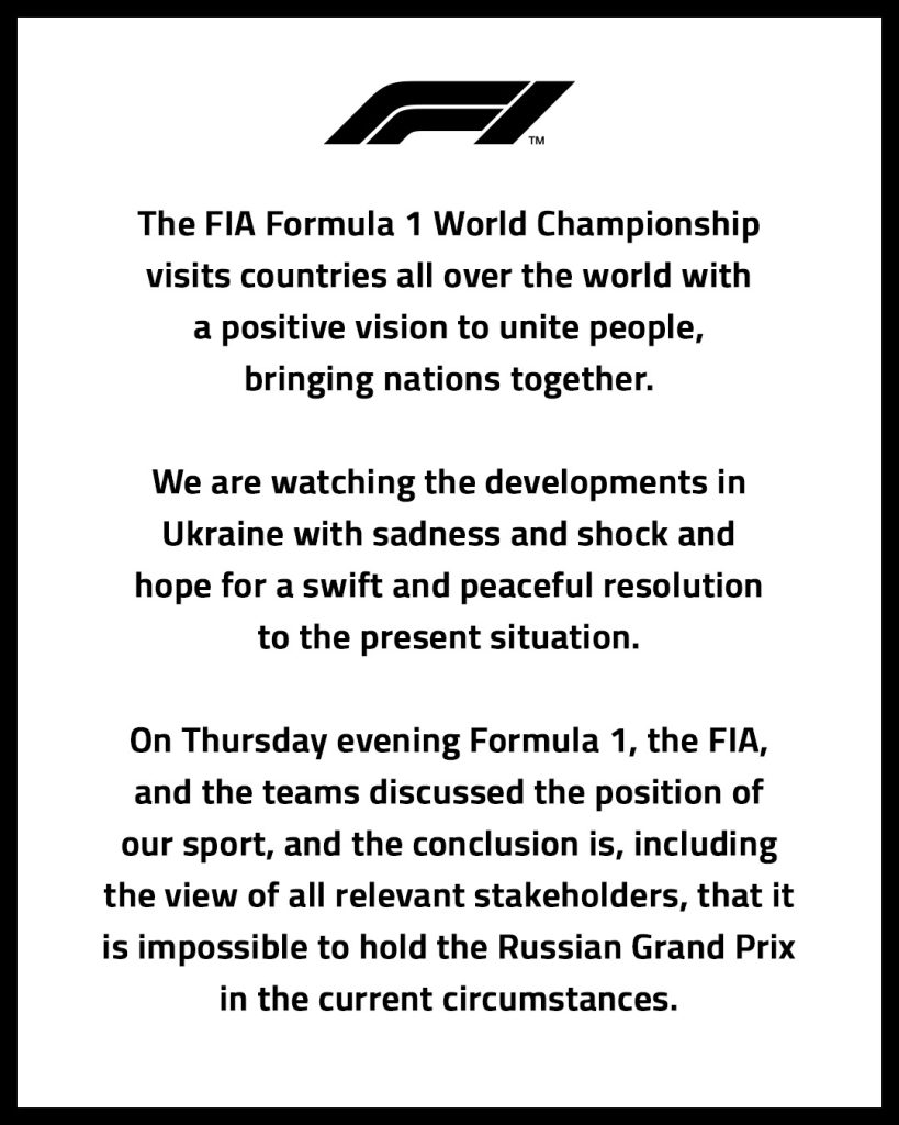 Fórmula 1 cancela Gran Premio Rusia 1